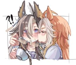  !? 2girls ahoge animal_ears blue_eyes blush brown_hair closed_eyes commentary cup dream_journey_(umamusume) ear_covers ear_ornament hair_between_eyes holding holding_cup holding_removed_eyewear horse_ears horse_girl kiss kissing_cheek long_hair multicolored_hair multiple_girls orfevre_(umamusume) parted_lips purple_shirt school_uniform shirt siblings sidelocks simple_background single_ear_cover sisters songdu spilling streaked_hair teacup tracen_school_uniform twitter_username umamusume untranslatable_commentary unworn_eyewear white_background white_hair yuri 