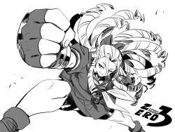  1girl bow closed_mouth commentary_request drill_hair fingerless_gloves gloves greyscale hair_bow hair_pulled_back highres kanzuki_karin long_hair monochrome ringlets school_uniform simple_background skirt smile solo street_fighter street_fighter_zero_(series) tukiwani white_background 