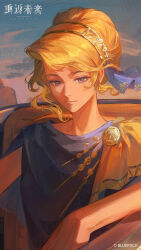  1girl absurdres ancient_greek_clothes blonde_hair blue_eyes blue_sky car convertible copyright_name copyright_notice gradient_sky greco-roman_clothes hairband highres himation logo looking_at_viewer motor_vehicle official_art official_wallpaper orange_sky outdoors reverse:1999 sky smile solo themis_(reverse:1999) updo upper_body 
