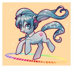  :d animal_focus animalization aqua_eyes aqua_hair aqua_necktie border cheer_(cheerpuppy14) commentary cutie_mark english_commentary floating_hair full_body hatsune_miku hatsune_miku_(pony) headset kotobukiya_bishoujo long_hair looking_at_viewer musical_note my_little_pony my_little_pony:_friendship_is_magic necktie no_humans orange_background pony_(animal) simple_background smile solo sparkle twintails very_long_hair vocaloid white_border 