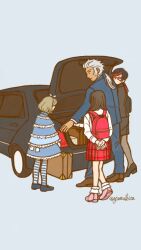  1boy 3girls akira_mitsuru arms_behind_back backpack bag black_skirt blue_jacket blue_shoes bobby_socks brown_hair brown_shoes capelet car classic_lolita classicaloid commentary_request frilled_capelet frills highres jacket johann_sebastian_bach_(classicaloid) lolita_fashion long_hair long_sleeves motor_vehicle multicolored_hair multiple_girls pink_shoes ponytail pyotr_illyich_tchaikovsky_(classicaloid) red-framed_eyewear red_skirt red_streaks shoes skirt smile socks streaked_hair striped_clothes striped_thighhighs suitcase tekla_badarzewska-baranowska_(classicaloid) thigh-highs white_hair yatta_kita 