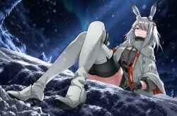  1girl a_raku animal_ears arknights black_gloves blue_eyes boots breasts coat commentary_request commission crossed_legs dress from_below frostnova_(arknights) frown full_body gloves hair_ornament hair_over_one_eye hairclip high_heel_boots high_heels highres legs long_hair looking_at_viewer looking_down medium_breasts medium_hair night on_ice open_clothes open_coat outdoors pixiv_commission rabbit_ears rabbit_girl scar scar_on_face scar_on_nose sitting sky solo star_(sky) starry_sky thigh-highs thigh_boots thighs white_coat white_hair 