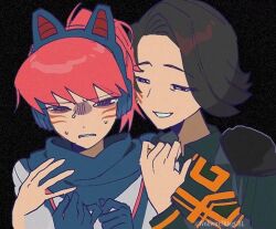  2girls animal_ear_headphones animal_ears animification artist_name black_background black_eyes black_hair black_shirt blue_gloves cat_ear_headphones cat_ears commentary_request facial_mark fake_animal_ears furrowed_brow gloves grin half-closed_eyes hands_on_another's_shoulders hands_up headphones korean_commentary looking_at_another mother_and_child mother_and_daughter multiple_girls nervous ninjago ninjago:_dragons_rising parent_and_child pink_hair ponytail shirt short_hair shoulder_pads simple_background smile sora's_mother_(ninjago) sora_(ninjago) sweat twitter_username w6hwiix7kisgcrl 