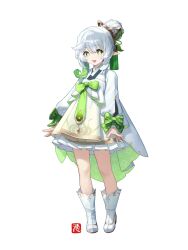  1girl :d absurdres alternate_costume alternate_hairstyle bow commentary_request cross-shaped_pupils full_body genshin_impact green_bow green_eyes green_hair hair_between_eyes hair_bun hanbok highres kion3234 korean_clothes korean_commentary long_sleeves looking_at_viewer multicolored_hair nahida_(genshin_impact) open_mouth pointy_ears shoes simple_background skirt smile solo standing symbol-shaped_pupils white_background white_hair white_hanbok white_shoes white_skirt 