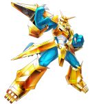  abs armor claws digimon digimon_story:_cyber_sleuth gauntlets gold gold_armor horns magnamon monster no_humans red_eyes shoulder_pads simple_background solo tail yasuda_suzuhito 