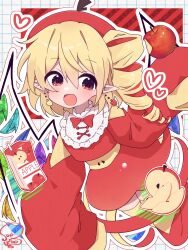  1girl absurdres alternate_costume apple blonde_hair blush bow box commentary_request crystal dress drill_hair drink_carton earrings flandre_scarlet food fruit hair_between_eyes hat heart highres holding jewelry juice_box long_hair long_sleeves looking_at_viewer open_mouth pointy_ears puffy_sleeves red_bow red_dress red_eyes red_ribbon ribbon smile soesoe300 solo touhou wings 