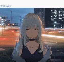  1girl artist_name black_choker black_shirt choker city_lights collarbone commentary_request expressionless fur-trimmed_jacket fur_trim girls_band_cry green_jacket grey_eyes grey_hair highres irregular_border jacket jacket_partially_removed kawaragi_momoka kiraing_poi long_hair looking_at_viewer multicolored_hair night outdoors photo_background roots_(hair) shirt sleeveless sleeveless_shirt solo straight-on upper_body urban 