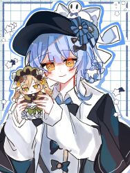  1girl bird_hat_ornament black_bow black_bowtie black_capelet black_hat blue_hair blue_necktie blue_outline bow bowtie braid braided_hair_rings capelet character_doll closed_mouth collared_shirt commentary_request deerstalker doll dot_nose grid_background hair_bow hair_rings hat hat_bow highres holding holding_doll long_sleeves mahou_shoujo_no_majo_saiban necktie outline shirt short_hair simple_background smile solo tachibana_sherry tono_hanna upper_body white_background white_shirt yellow_eyes yugi_p 