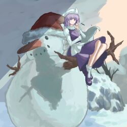 1girl absurdres apron blush branch breasts carrot coal commentary_request full_body hat highres i_love_suwako index_finger_raised lapel_pin letty_whiterock long_sleeves looking_at_viewer puckered_lips puffy_long_sleeves puffy_sleeves purple_hair purple_shoes purple_skirt purple_vest santa_hat scarf shadow shirt shoes short_hair sitting_on_branch skirt snow snowman socks solo touhou vest violet_eyes waist_apron white_apron white_hat white_scarf white_shirt white_socks winter 