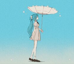 1girl bare_legs black_shoes blue_background blue_eyes blue_hair collared_dress cube dress eine_kleine_(yonezu_kenshi) full_body gradient_background grey_background greyscale hair_between_eyes hair_ornament hair_ribbon hatsune_miku high_collar highres holding holding_umbrella inverted_umbrella legs limited_palette long_hair looking_at_object mary_janes mitsubachi_(roundbee) monochrome ombre profile puffy_sleeves ribbon shoes short_dress short_sleeves sidelocks socks solo twintails umbrella very_long_hair vocaloid