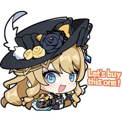 1girl :d blonde_hair blue_eyes chibi chibi_only flower genshin_impact hair_ornament hat hat_flower long_hair looking_at_viewer lowres navia_(genshin_impact) official_art open_mouth pointing rose smile solo transparent_background 