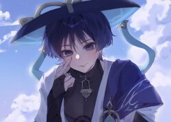  1boy :p akanbe arm_at_side armor black_bodysuit black_bridal_gauntlets blue_gem blue_hat blue_jingasa blue_sky blue_sleeves blunt_ends bodysuit bridal_gauntlets cape clouds cloudy_sky covered_collarbone eyelid_pull eyeliner finger_to_eye fingernails gem genshin_impact gold gold_ring hand_up hat highres index_finger_raised japanese_armor japanese_clothes jingasa kimono kote kurokote layered_sleeves looking_at_viewer makeup male_focus melonnn_09 middle_ring open_clothes open_kimono outdoors portrait purple_cape purple_hair red_eyeliner scaramouche_(genshin_impact) short_sleeves shoulder_peek side_cape sky solo tongue tongue_out tsurime violet_eyes wanderer_(genshin_impact) white_kimono white_sleeves wispy_bangs 
