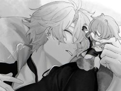  1boy 1girl absurdres animal_ears antenna_hair bedroom boots choker closed_eyes collared_shirt commentary fingernails gloves greyscale hair_between_eyes hand_up headpat high_collar highres honkai:_star_rail honkai_(series) ieririr indoors jacket kemonomimi_mode long_hair long_sleeves looking_at_another lying male_focus mini_person minigirl miniskirt monochrome no_mouth on_back on_bed open_clothes open_jacket phainon_(honkai:_star_rail) pillow raccoon_ears raccoon_girl raccoon_tail shadow shirt short_hair short_sleeves sidelocks signature skirt sleeping solo_focus stelle_(honkai:_star_rail) t-shirt tail teeth thigh_strap trailblazer_(honkai:_star_rail) 