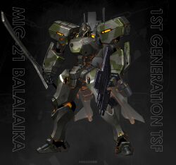 absurdres artist_name assault_visor asymmetrical_dual_wielding black_background camouflage commentary dual_wielding english_commentary english_text full_body grenade_launcher gun highres holding holding_gun holding_sword holding_weapon kreuzer_00 large_variant_set lineart_zoom_layer machine_gun mecha mecha_focus mig-21_balalaika_(muv-luv) muv-luv muv-luv_alternative no_humans radio_antenna robot schwarzesmarken science_fiction standing sword tactical_surface_fighter underbarrel_grenade_launcher variant_set watermark weapon yellow_assault_visor 