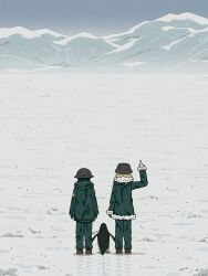  2girls absurdres antarctica baby_animal bird black_hair blonde_hair chito_(shoujo_shuumatsu_ryokou) coat commentary english_commentary footprints fur-trimmed_coat fur_trim green_coat green_pants grey_sky helmet highres long_sleeves multiple_girls outdoors pants parisetya penguin penguin_chick pointing pointing_up shoujo_shuumatsu_ryokou sky snow standing wide_shot wind yuuri_(shoujo_shuumatsu_ryokou) 