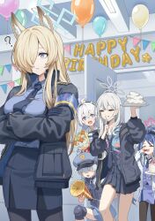  5girls ? absurdres ahoge animal_ear_fluff animal_ears armband arms_under_breasts balloon black_skirt blonde_hair blue_archive blue_armband blue_eyes blue_hair blue_halo blue_shirt bouquet cake commentary_request dog_ears dog_girl extra_ears faceless faceless_female floral_print floral_print_shirt food fubuki_(blue_archive) grey_eyes grey_hair grey_halo hair_between_eyes hair_over_one_eye halo happy_birthday hat hawaiian_shirt highres holding holding_cake holding_food indoors jacket kanna_(blue_archive) kirino_(blue_archive) konoka_(blue_archive) long_hair long_sleeves mask mask_pull multicolored_hair multiple_girls necktie notched_ear open_clothes open_jacket open_mouth party_popper pink_halo police_hat print_shirt shirt simoumi_217 skirt valkyrie_police_academy_student_(sg)_(blue_archive) white_hair white_mask 