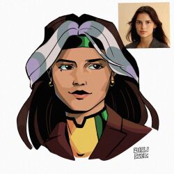  artist_logo artist_name bodysuit brown_hair colored_bangs commentary earrings english_commentary green_bodysuit green_eyes green_headband headband headshot highres inde_navarette jacket jewelry kijcilic leather leather_jacket logo marvel mole mole_under_eye multicolored_bodysuit multicolored_hair necklace photo-referenced photo_inset real_life rogue_(x-men) superhero_costume turtleneck turtleneck_bodysuit two-tone_bodysuit two-tone_hair white_hair x-men yellow_bodysuit 