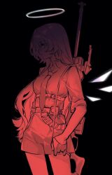  1girl ammunition_belt arknights collared_shirt detached_wings energy_wings gloves gun gun_on_back half_gloves halo harness highres lemuen_(arknights) lemuen_(elite_ii)_(arknights) long_hair maymeriko necktie red_theme rifle shirt shorts sleeves_rolled_up sniper_rifle solo traditional_halo weapon weapon_on_back wings 