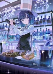 1girl alcohol bar_(place) bar_counter black_pants black_ribbon black_vest blue_eyes blue_hair bottle bow character_name cocktail_shaker collared_shirt commentary_request company_name copyright_name copyright_notice cup drinking_glass flower food fork fruit glass hair_bow hair_flower hair_ornament hat highres holding indoors long_sleeves looking_at_viewer medium_hair neck_ribbon nenecrepe official_alternate_costume official_art pants ribbon shirt smile solo top_hat tsumugi_kokage vest virtual_youtuber vspo! white_hat white_shirt wine_bottle wine_glass xross_stars 