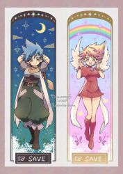  1boy 1girl armor arms_behind_head blonde_hair blue_eyes blue_hair boots bracelet breastplate breath_of_fire breath_of_fire_iii brown_boots closed_mouth commentary_request crescent_moon dress full_body green_pants hairband highres jewelry knee_boots looking_at_viewer maruno moon nina_(breath_of_fire_iii) orange_skirt pants puffy_short_sleeves puffy_sleeves rainbow red_boots red_dress red_hairband short_hair short_sleeves skirt smile wings 