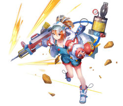  1girl 404_game_re:set anode_(404_game_re:set) arm_cutout black_hair black_visor_cap blue_boots blue_overalls boots brown_hair camisole character_doll closed_mouth clothing_cutout coat debris dig_dug doll drill full_body gauge grey_hair holding looking_at_viewer multicolored_hair official_art open_clothes open_coat overall_shorts overalls personification ponytail pooka_(dig_dug) short_hair simple_background smile solo third-party_source violet_eyes visor_cap white_background white_camisole white_coat yuugen 