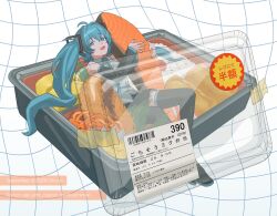  1girl aqua_eyes aqua_hair aqua_nails aqua_necktie artist_name barcode bare_shoulders bento black_boots black_skirt black_sleeves boots collared_shirt commentary_request dated detached_sleeves fingernails food food_request grey_shirt hair_between_eyes hair_ornament hatsune_miku highres holding holding_food long_hair looking_at_viewer nail_polish necktie ofuronu open_mouth pleated_skirt shirt simple_background skirt sleeveless sleeveless_shirt solo thigh_boots translation_request twintails very_long_hair vocaloid wide_sleeves wing_collar zettai_ryouiki 