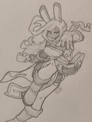  absurdres animal_ears book boots gloves graphite_(medium) grimoire hatching_(texture) highres linear_hatching lineart magic mechanical_pencil original_(niking) paper_background pencil photo_(medium) rabbit rabbit_ears self-upload sergent_magnom sketch traditional_media 