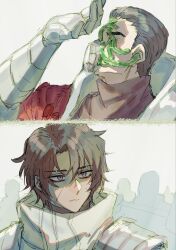  2boys armor brown_hair cape chinese_commentary commentary_request dark-skinned_male dark_skin gauntlets heathcliff_(project_moon) highres killerohan limbus_company male_focus mask meursault_(project_moon) multiple_boys n_corp._fanatic_(identity)_(project_moon) parted_lips project_moon red_cape respirator scar scar_on_face shading_eyes violet_eyes 