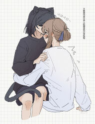  2girls animal_ears black_hair black_shirt braid brown_hair cat_ears cat_girl cat_tail chinese_text commentary grey_background grid_background hair_bun half_up_braid highres kemonomimi_mode medium_hair miyagi_shiori multiple_girls sasagawa_yuki sendai_hazuki shirt shuuniichido_classmate_wo_kau_hanashi sitting sitting_on_lap sitting_on_person sweat tail translated white_shirt yuri 