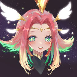  1girl circlet commentary_request cross-shaped_pupils crown glowing glowing_eyes gradient_hair green_eyes green_hair hair_ornament league_of_legends looking_at_viewer multicolored_hair neeko_(league) open_mouth pink_hair portrait short_hair_with_long_locks smile solo star_(sky) star_(symbol) star_guardian_neeko straight-on symbol-shaped_pupils teeth usagi_(3828164) 