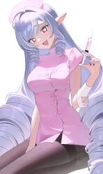  1girl alternate_costume bandaged_arm bandages black_pantyhose commentary_request dress feet_out_of_frame hat heart heart-shaped_pupils highres holding holding_syringe long_hair looking_at_viewer mole mole_under_eye nnjcatt nurse nurse_cap pantyhose pink_dress purple_hair purple_nails red_eyes sitting smile solo symbol-shaped_pupils syringe vivian_banshee wariza white_background zenless_zone_zero 