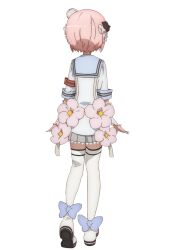  1girl blue_bow bow flower flower_ornament from_behind grey_skirt hair_flower hair_ornament highres magical_girl mahou_shoujo_ikusei_keikaku mahou_shoujo_ikusei_keikaku_restart official_art pink_hair pleated_skirt sailor_collar school_uniform second-party_source short_hair skirt snow_white_(mahoiku) thigh-highs transparent_background white_flower white_thighhighs 