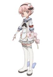  1girl closed_mouth flower flower_ornament grey_skirt hair_flower hair_ornament hairband highres magical_girl mahou_shoujo_ikusei_keikaku mahou_shoujo_ikusei_keikaku_restart official_art pink_hair pleated_skirt sailor_collar school_uniform second-party_source short_hair skirt snow_white_(mahoiku) thigh-highs transparent_background white_flower white_thighhighs yellow_eyes 