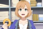  &gt;:d 1girl :d bookshelf box brown_hair collarbone doughnut facing_viewer green_eyes highres jacket kyoukyan miyamori_aoi open_mouth papers shirobako short_hair smile solo suspenders 