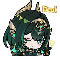  1girl chibi chibi_only closed_mouth genshin_impact gloves green_eyes green_hair index_finger_raised looking_at_viewer lowres mole mole_under_eye nefer_(genshin_impact) official_art one_eye_closed short_hair smile solo transparent_background 