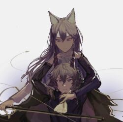  1boy 1girl absurdres animal_ears annoyed arknights chinese_commentary commentary_request ebenholz_(arknights) gertrude_strollo_(arknights) grey_hair hair_between_eyes hand_on_another's_neck hands_on_another's_neck highres horns long_hair looking_at_another looking_down looking_up lying_on_person muli_xiao_die sheep_boy sheep_ears sheep_horns straight-on wolf_ears wolf_girl 