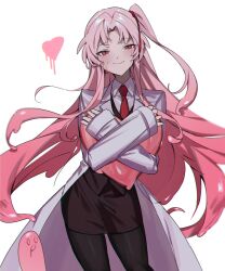  1girl angela_(project_moon) black_pantyhose black_skirt black_vest chinese_commentary closed_mouth coat collared_shirt commentary_request cowboy_shot hair_ribbon heart highres holding holding_heart lapels lobotomy_corporation long_hair long_sleeves looking_at_viewer melting_love necktie notched_lapels one_side_up open_clothes open_coat pantyhose parted_bangs pencil_skirt pink_eyes pink_hair project_moon red_necktie red_ribbon ribbon selenium-se shirt simple_background skirt slime_(substance) slime_hair smile solo very_long_hair vest white_background white_coat white_shirt wing_collar 