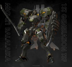  absurdres arm_shield artist_name assault_visor black_background camouflage commentary english_commentary english_text full_body highres holding holding_sword holding_weapon kreuzer_00 large_variant_set lineart_zoom_layer mecha mecha_focus mig-21_balalaika_(muv-luv) muv-luv muv-luv_alternative no_humans radio_antenna reactive_armor robot schwarzesmarken science_fiction standing sword tactical_surface_fighter variant_set watermark weapon yellow_assault_visor 
