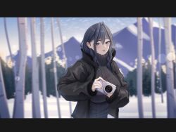  1girl absurdres alternate_costume black_jacket black_sweater blue_eyes blue_hair blue_sky braid breasts camera closed_mouth digital_camera fingernails forest fur-trimmed_jacket fur_trim gradient_sky highres holding holding_camera hololive hololive_english impossible_clothes impossible_sweater jacket large_breasts letterboxed long_hair looking_at_viewer low_twin_braids mountainous_horizon nature ouro_kronii outdoors sky snow solo sweater tongue tongue_out tree turtleneck turtleneck_sweater twin_braids upper_body virtual_youtuber winter yellow_sky zenya 