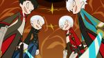  4boys black_hair brothers coat commentary_request dante_(devil_may_cry) dante_(dmc:_devil_may_cry) devil_may_cry dmc:_devil_may_cry dual_persona dual_wielding gloves gun handgun jewelry male_focus multiple_boys necklace no_pupils open_mouth panty_&amp;_stocking_with_garterbelt parody pistol sakura3914 siblings smile style_parody sword vergil weapon white_hair 