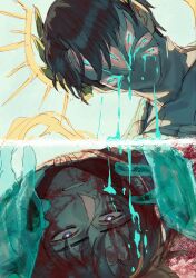  2boys black_hair brown_hair chinese_commentary commentary_request crying dazed e.g.o_(project_moon) extra_eyes heathcliff_(project_moon) heavenly_executor's_scribe highres killerohan laurels limbus_company looking_up male_focus meursault_(project_moon) multiple_boys n_corp._fanatic_(identity)_(project_moon) pov pov_hands project_moon pursuance_(e.g.o) see-through_body wings 