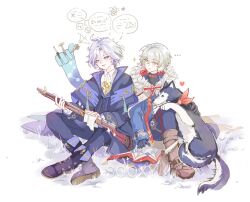  ... 2boys absurdres ahoge alyosha_(genshin_impact) animal animal_ears animal_nose aqua_gem ascot black_boots black_fur black_gloves black_jacket black_pants black_shirt black_vest blue_jacket blue_scarf blush boots bright_pupils brown_boots buttons cape collared_jacket collared_shirt commentary constellation_print crossed_arms dog dog_ears dog_tail e=mc2_(equation) earmuffs equation freckles full_body fur-trimmed_cape fur_trim gem genshin_impact gloves green_hair grey_hair gun hair_between_eyes heart high_collar highres holding holding_gun holding_weapon hood hooded_cape husky jacket jewelry lapels looking_at_another looking_at_object looking_down male_focus mitya_(genshin_impact) multiple_boys open_clothes open_jacket open_mouth pants pendant pet petting pouch purple_cape purple_gem purple_jacket red_ribbon ribbon rifle scarf shirt short_hair simple_background sitting smile sniper_rifle sooxy sparkle speech_bubble spoken_object spread_legs tail talking thigh_pouch tools tugarin_(genshin_impact) turtleneck turtleneck_shirt two-sided_fabric two-sided_jacket two-tone_fur untranslatable_commentary vest violet_eyes vision_(genshin_impact) wavy_hair weapon white_ascot white_background white_cape white_fur white_pupils white_shirt yellow_eyes yellow_gem 