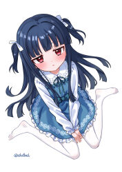  1girl blue_dress blue_hair blush dress eluthel expressionless flat_chest from_above full_body highres idolmaster idolmaster_cinderella_girls long_hair looking_at_viewer no_shoes pantyhose parted_lips red_eyes sajo_yukimi sitting solo two_side_up wariza white_pantyhose 