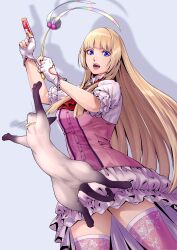  1girl absurdres blonde_hair blue_eyes cat commentary_request dress food gloves highres holding holding_food holding_stick jumping lili_(tekken) long_hair nakoshe open_mouth pink_dress short_sleeves simple_background solo stick tekken tekken_8 white_gloves 