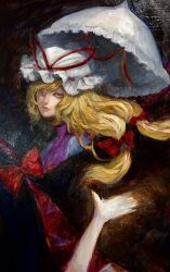  1girl blonde_hair bow closed_mouth commentary_request dress gap_(touhou) hair_bow hat hat_ribbon highres holding holding_umbrella johnalay long_hair looking_at_viewer mob_cap oil_painting_(medium) painting_(medium) parasol purple_tabard red_bow red_ribbon ribbon solo tabard touhou traditional_media umbrella violet_eyes white_dress white_hat yakumo_yukari 