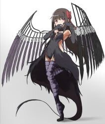  1girl akemi_homura akuma_homura argyle_clothes argyle_thighhighs bare_shoulders black_choker black_dress black_gloves black_hair black_wings bow breasts choker dress elbow_gloves feathered_wings gloves hair_bow hairband heart heart_hands highres long_hair looking_at_viewer mahou_shoujo_madoka_magica mahou_shoujo_madoka_magica:_hangyaku_no_monogatari red_hairband simple_background small_breasts solo standing standing_on_one_leg takeraka thigh-highs violet_eyes white_background wings 