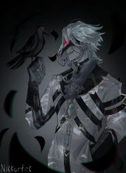  1boy absurdres artist_name ascot bird bird_on_hand black_gauntlets blue_ascot chromatic_aberration coat crow dark dottore_(genshin_impact) evil_smile eye_mask genshin_impact grey_hair hand_in_pocket highres male_focus mask nikkorfek sharp_teeth smile solo teeth upper_body white_coat 