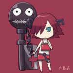  1girl a.b.a aka_(s3637) bandaged_arm bandages blue_eyes chain character_name chibi frown guilty_gear guilty_gear_xx hair_over_one_eye key paracelsus pink_background redhead short_hair simple_background solo standing 