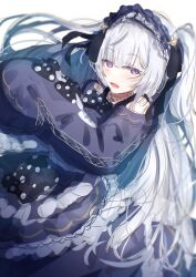  1girl absurdres bare_shoulders black_ribbon blue_dress blue_hairband bow commentary_request crescent crescent_necklace dress dress_bow frilled_dress frilled_hairband frilled_sleeves frills gothic_lolita hair_over_one_eye hair_ribbon hairband highres jewelry lolita_fashion lolita_hairband long_hair long_sleeves looking_at_viewer mahou_shoujo_no_majo_saiban natsume_an-an necklace off-shoulder_dress off_shoulder one_eye_covered open_mouth polka_dot polka_dot_bow ribbon richika317 simple_background sleeve_bow sleeves_past_fingers sleeves_past_wrists solo upper_body violet_eyes white_background white_hair wide_sleeves 