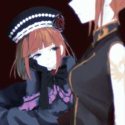  2girls arm_tattoo black_background black_bow black_dress black_gloves black_hat blue_eyes blunt_bangs blurry bow bowtie capelet chinese_clothes chromatic_aberration commentary_request depth_of_field dress dress_bow dual_persona eva_beatrice eyes_out_of_frame flower gloves half-closed_eyes hand_on_own_chin hat hat_flower head_out_of_frame highres looking_at_another multiple_girls orange_hair profile purple_capelet purple_dress qipao red_bow red_flower red_rose rose shishishi_zi sidelocks smile tattoo umineko_no_naku_koro_ni ushiromiya_eva variant_set 